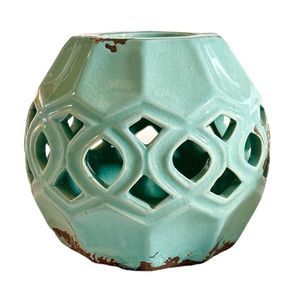 Light Teal and Brown Glazed Abstract Ceramic Votive Candle Holder